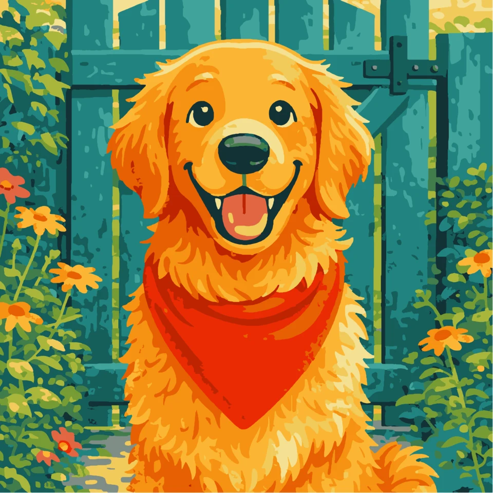 Le résultat en couleurs — Golden retriever avec un bandana rouge